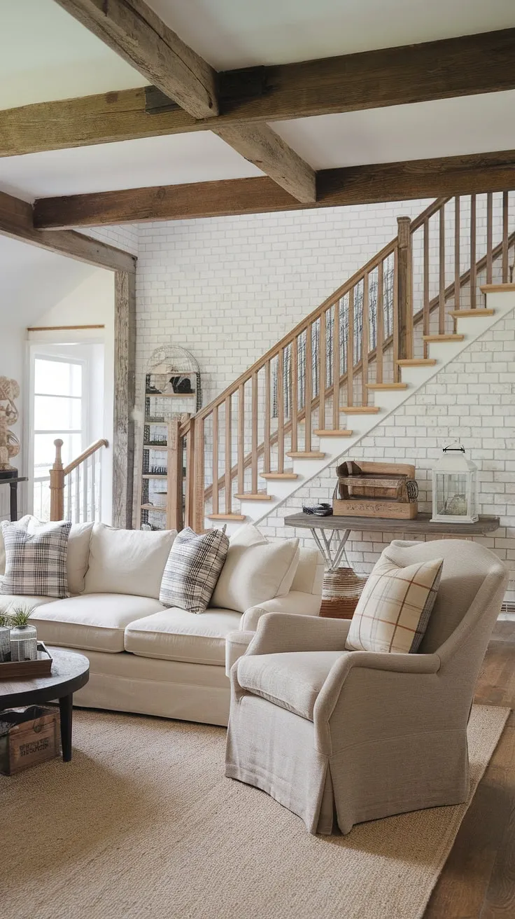 This cozy farmhouse living room, with its exposed wooden beams and white brick wall, offers the perfect blend of rustic charm and modern comfort. The large beige sofa invites relaxation, while the armchair provides a quiet spot to enjoy a book. A sense of warmth and tranquility permeates the space, creating a haven for rest and rejuvenation. A truly inviting atmosphere.