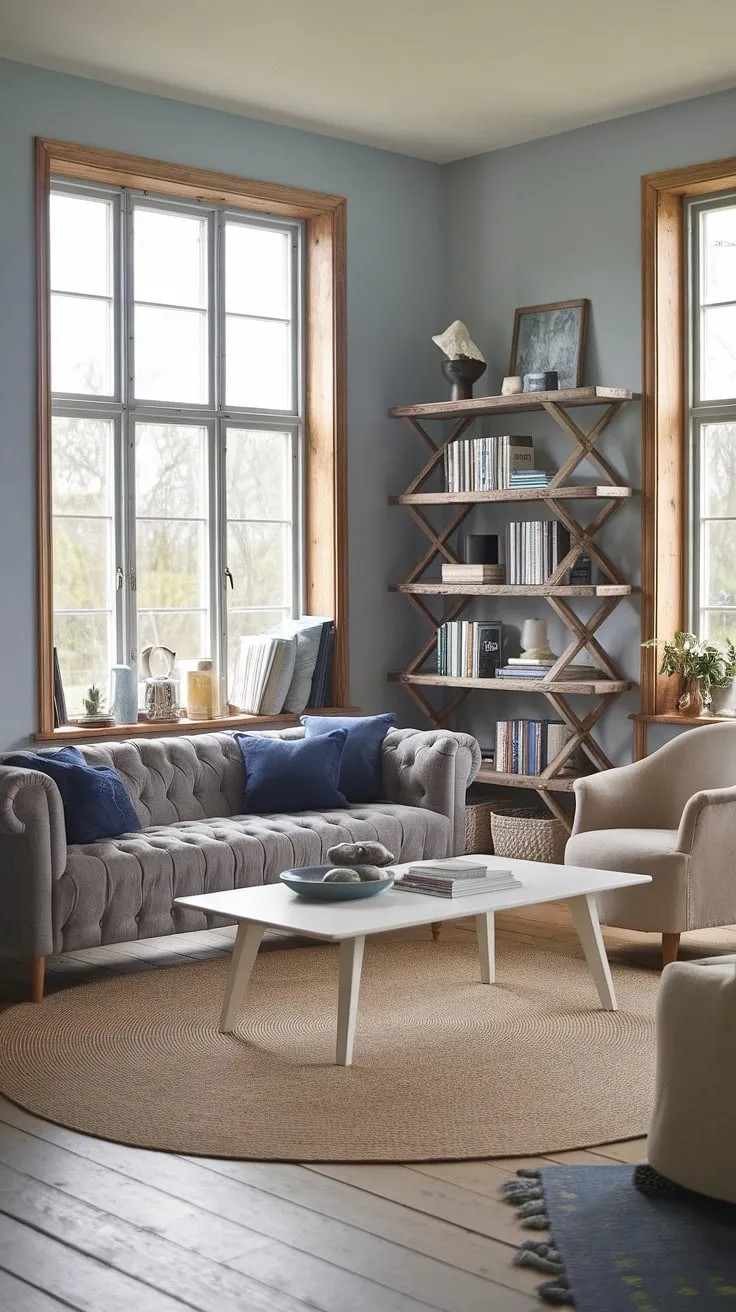 This modern farmhouse living room is the epitome of comfortable elegance. The soft grey sofa, accented with pops of blue, invites you to relax and unwind. Natural light floods the space, highlighting the rustic charm of the wooden bookshelf and the overall airy, inviting atmosphere. It's a space designed for connection and tranquility.