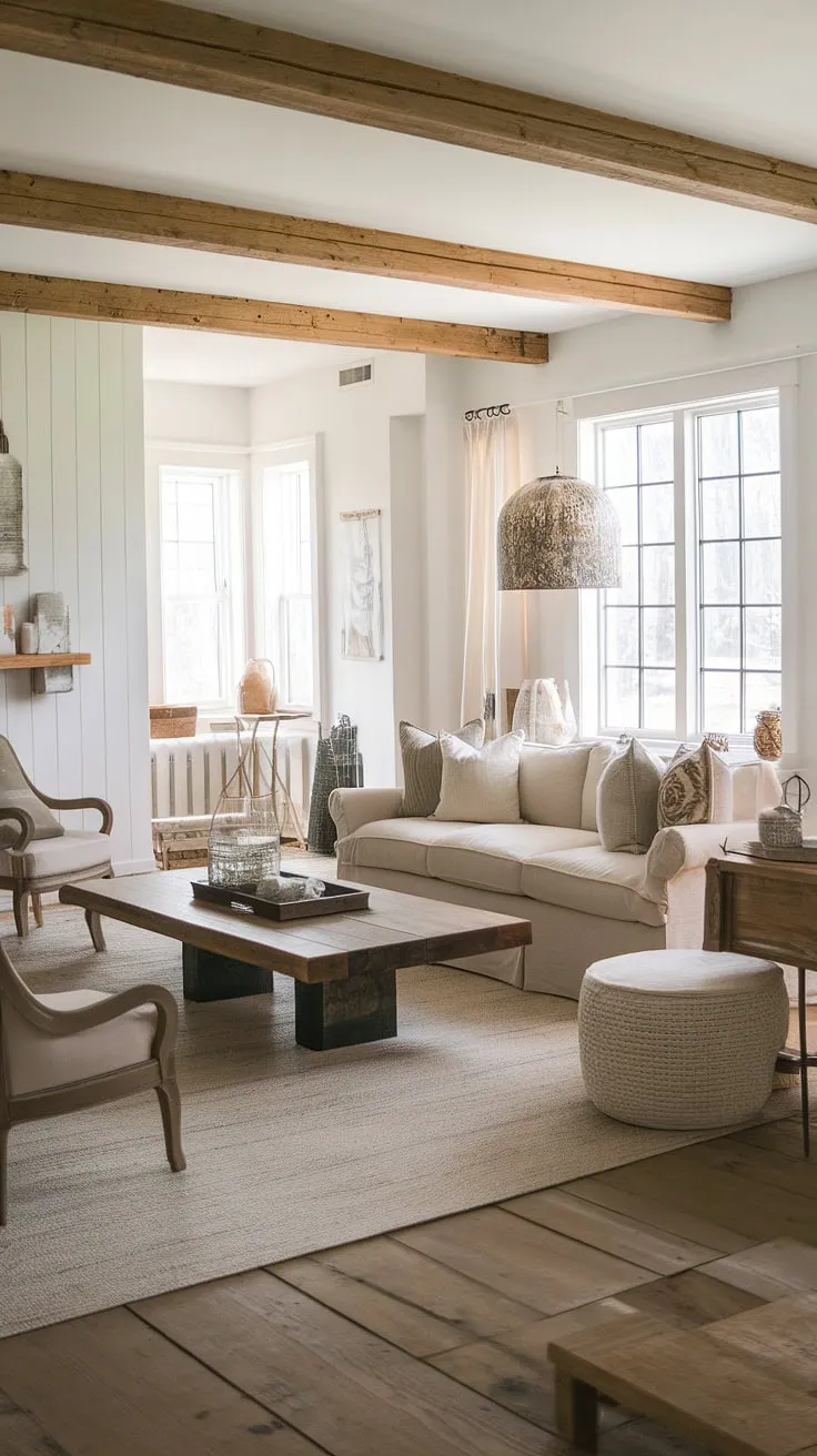 Sunlight streams through the window, illuminating the warm, inviting atmosphere of this modern farmhouse living room. The neutral palette, accented with rustic wood and cozy textures, creates a space that's both stylish and effortlessly comfortable. A perfect blend of old and new, this room is a testament to the beauty of thoughtful design.