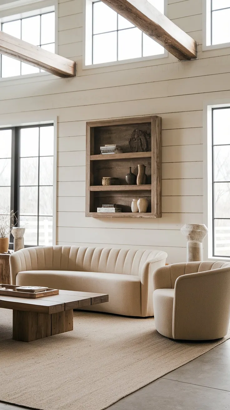 This modern farmhouse living room effortlessly blends rustic charm with contemporary elegance. The natural light enhances the warm beige palette, complemented by the textured wooden coffee table and the inviting curves of the seating. A space designed for comfort and understated sophistication.
