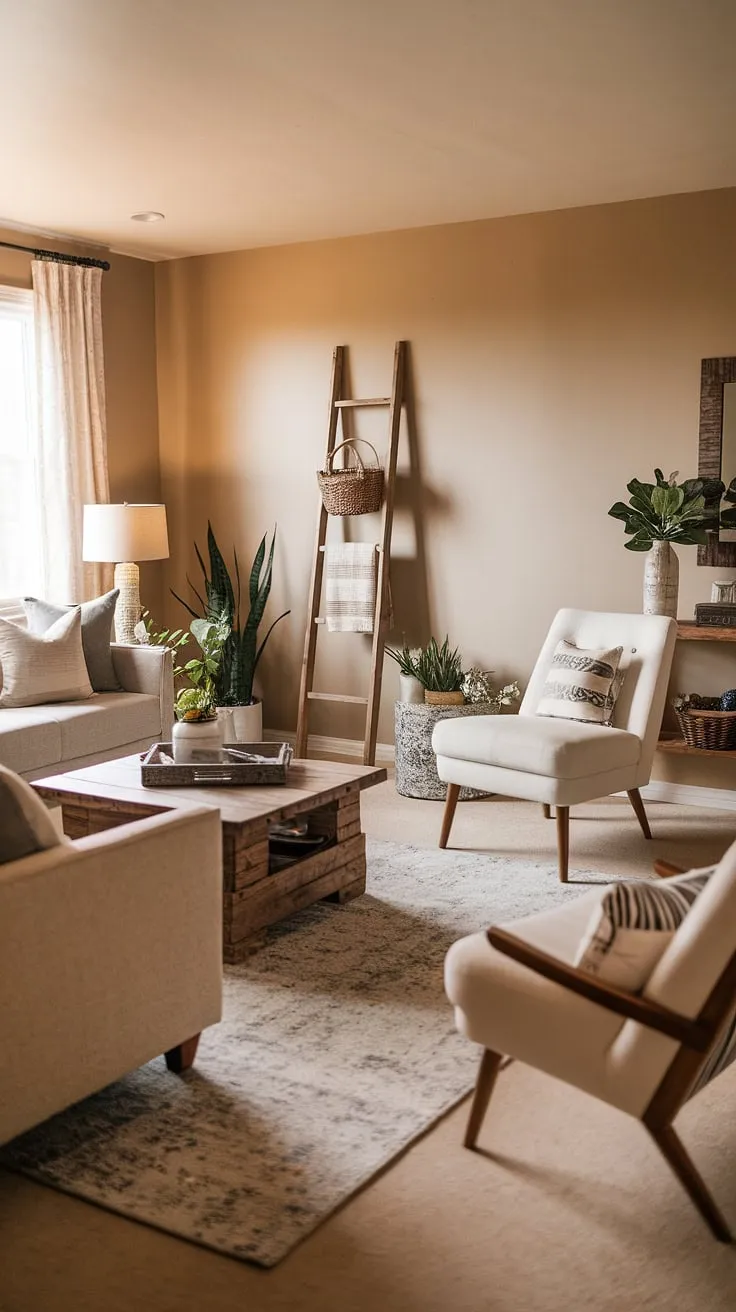 Warm lighting and rustic charm blend seamlessly in this modern farmhouse living room. The beige palette, complemented by the wooden accents and pops of greenery, creates a space that feels both inviting and effortlessly stylish. A simple wooden ladder adds a touch of unexpected texture and functionality.