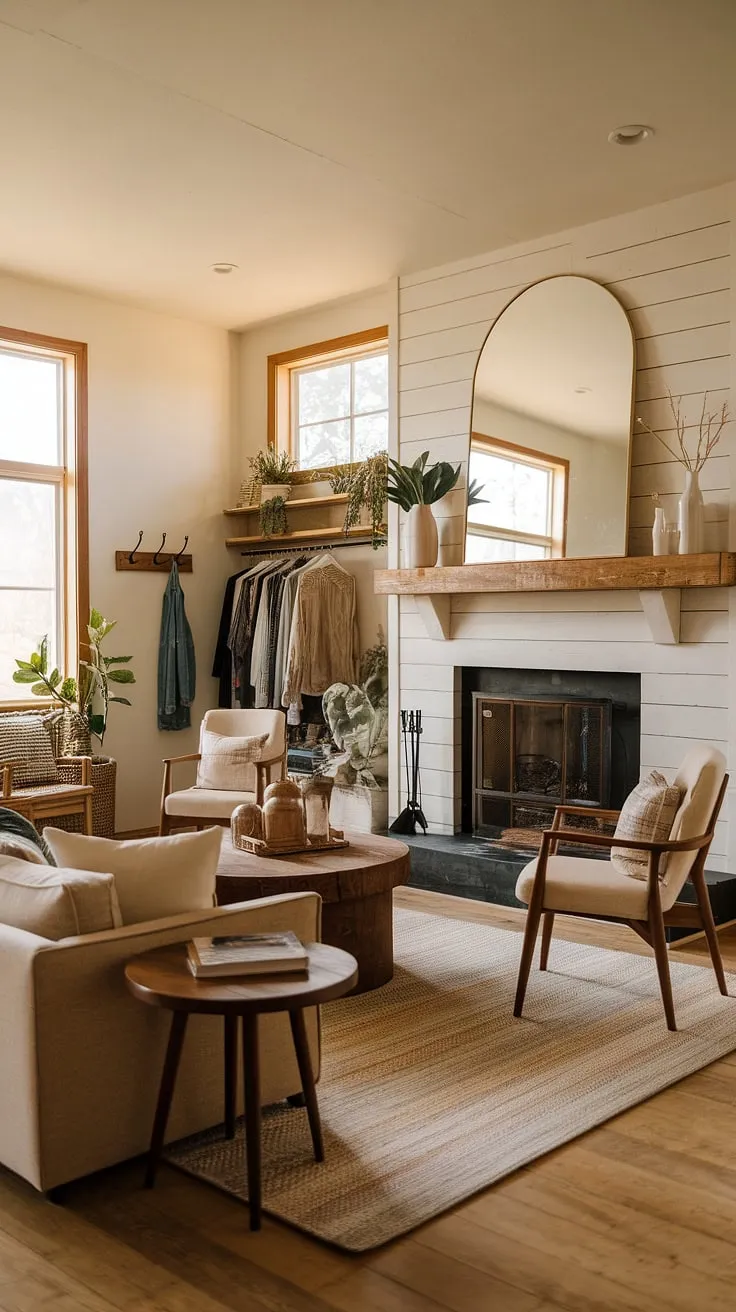 Cozy evenings and quiet mornings are best spent in this modern farmhouse living room. The rustic charm, complemented by the warm lighting and comfortable seating, creates a space that feels both inviting and effortlessly stylish. A sense of calm permeates every corner.