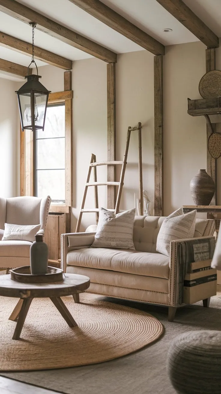 Rustic charm meets modern comfort in this farmhouse living room. The exposed wooden beams and vintage lantern add character, while the plush beige couch and thoughtfully chosen accessories create a space that's both inviting and stylish. A perfect blend of old and new, this room embodies the essence of cozy farmhouse living.