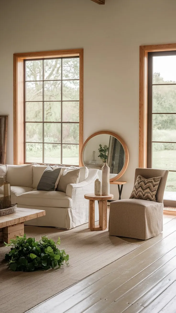 This modern rustic living room is a sanctuary of peace and tranquility. The large window offers breathtaking views of the lush landscape outside, while the carefully curated furniture and decor create a space that is both stylish and incredibly comfortable. A true testament to the beauty of simple living.
