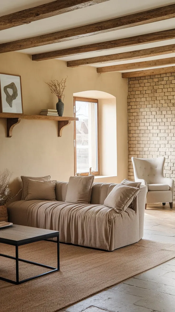 Sink into the plush sofa and let the worries of the day melt away in this tranquil modern farmhouse haven. The natural light streaming through the window, combined with the carefully curated décor, creates a space that feels both stylish and incredibly welcoming. A true sanctuary.