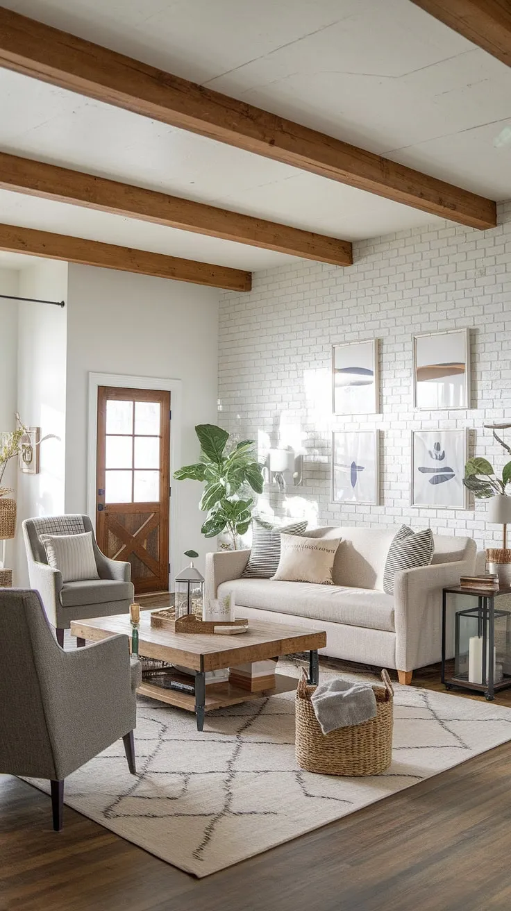 Cozy comfort meets rustic charm in this modern farmhouse living room. The exposed wooden beams and white brick wall create a stunning backdrop for the neutral palette and carefully curated décor, offering a space that's both stylish and inviting. A perfect blend of textures and tones makes this room a true haven.