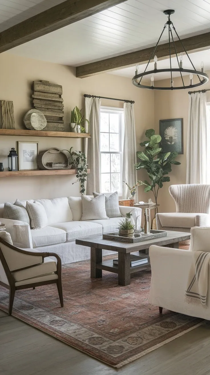 Cozy evenings and quiet mornings are best spent in this modern farmhouse living room. The warm wood tones, soft textures, and thoughtful details create a space that feels both inviting and effortlessly stylish. A perfect blend of rustic charm and contemporary comfort.