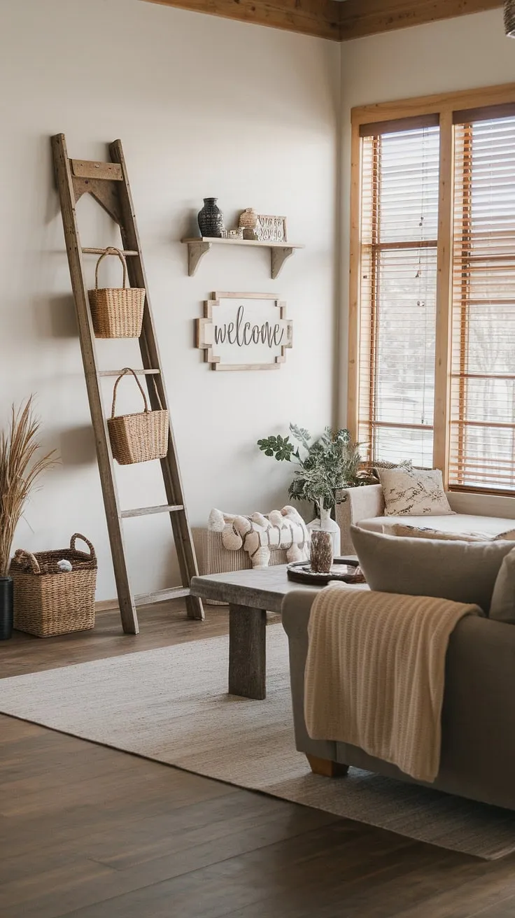 Sunlight streams through the wooden blinds, illuminating the cozy textures and rustic charm of this modern farmhouse living room. The worn wood floors, a vintage ladder adorned with baskets, and a welcoming "Welcome" sign create a space that feels both lived-in and effortlessly stylish. A plush sofa, draped with a soft beige throw, invites you to relax and unwind.