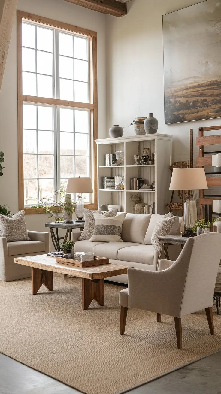 This modern farmhouse living room effortlessly blends rustic textures with clean lines. The beige sofa and armchair, paired with the wooden coffee table and white bookshelf, create a calming and sophisticated space. A Natural light enhances the beauty of the carefully curated décor, making it the perfect spot to relax and unwind.