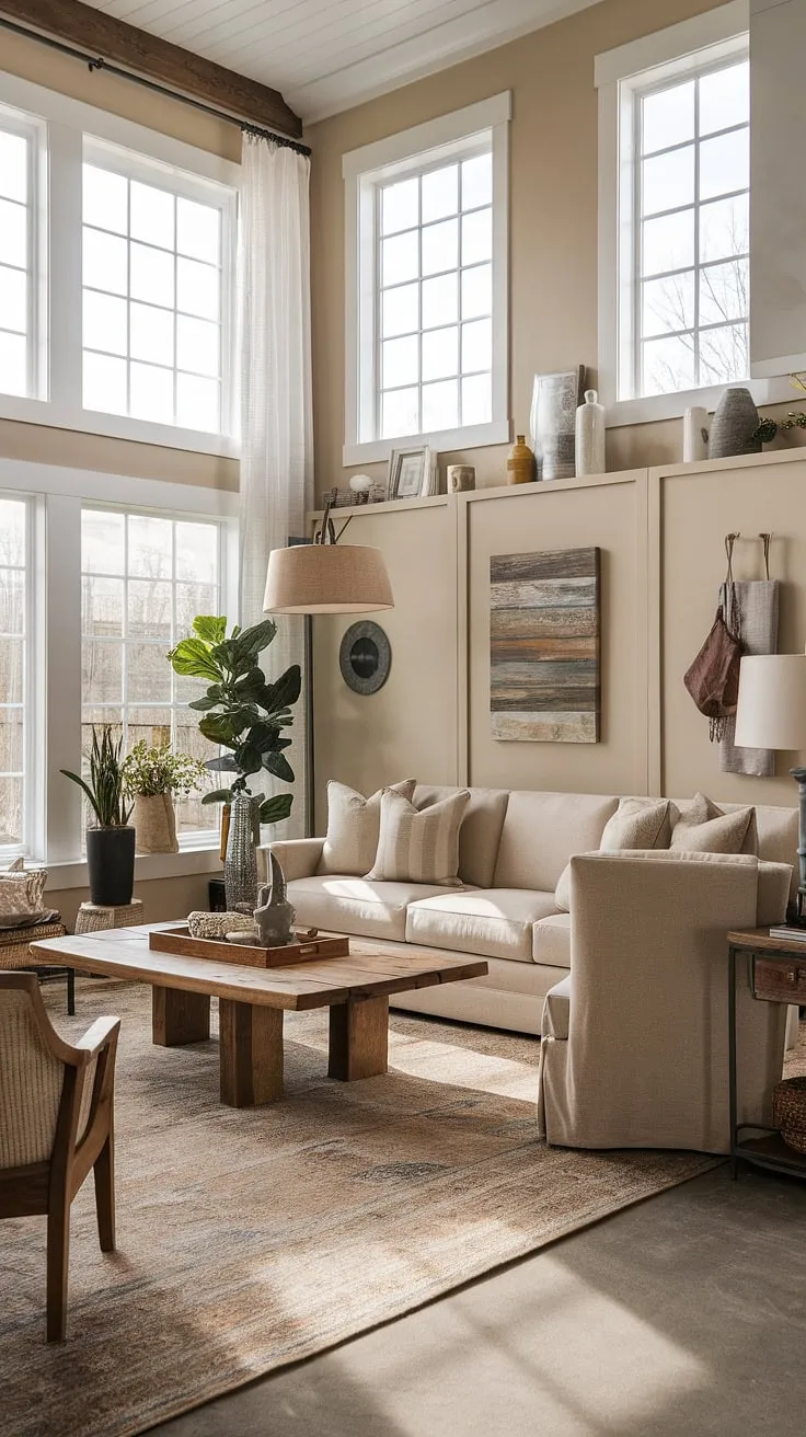Sunlight streams through the large windows, illuminating the cozy textures and rustic charm of this modern farmhouse living room. The beige sofa, adorned with plush cushions, invites relaxation, while the wooden coffee table and thoughtfully placed décor create a warm and inviting atmosphere. A perfect blend of comfort and style.
