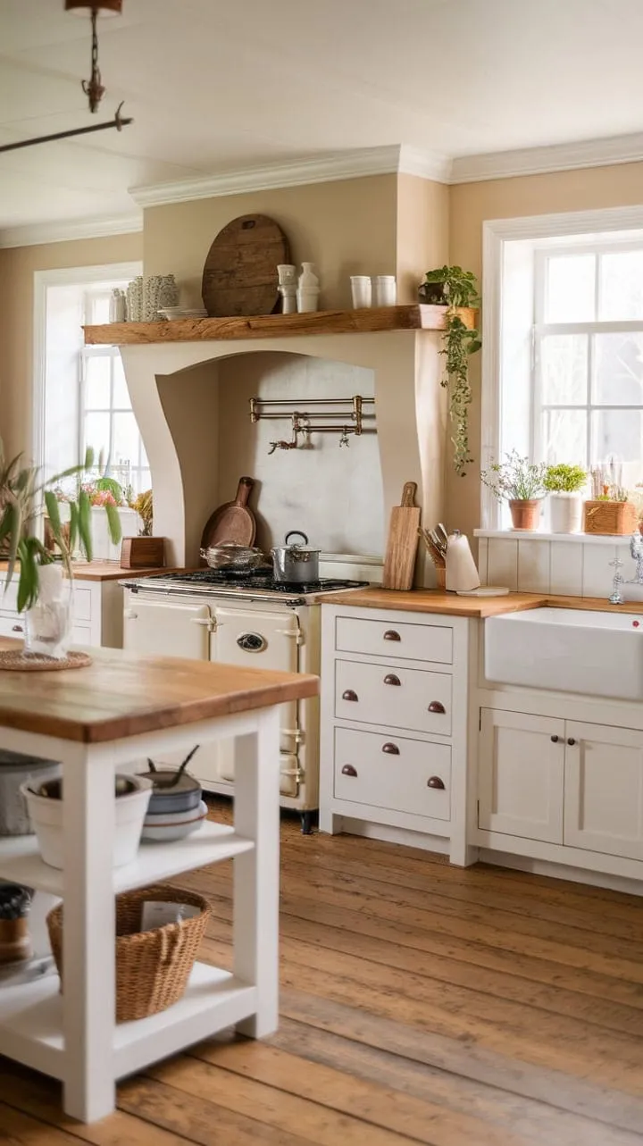 Bathed in sunlight, this charming kitchen blends creamy white cabinets, a sturdy wooden island, and a vintage stove, creating a serene space of comforting simplicity and timeless beauty.