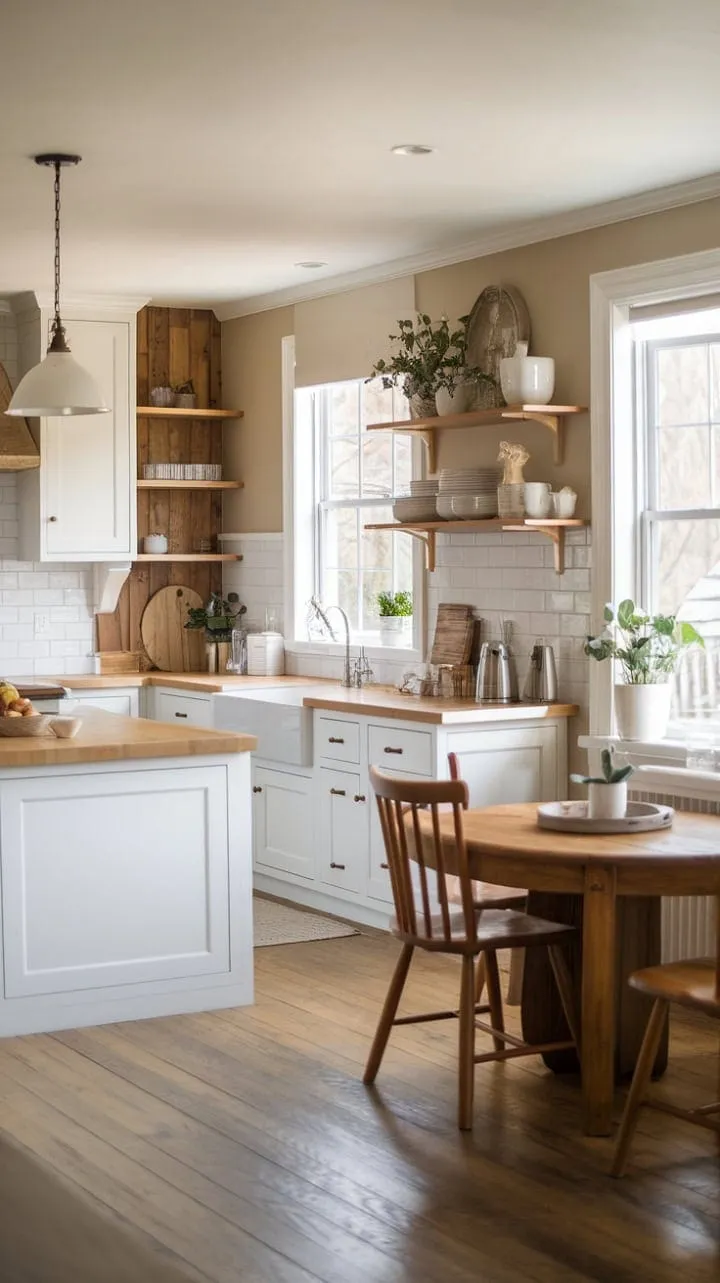 This serene kitchen harmoniously fuses modern farmhouse charm with natural elements, featuring white cabinetry, warm wood accents, and vibrant greenery for a tranquil retreat.