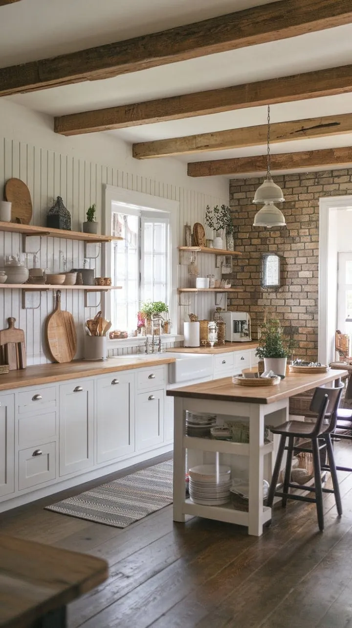 This budget-friendly farmhouse kitchen beautifully blends rustic charm with modern convenience, showcasing vintage appliances and bright white cabinets that transform it into the heart of the home.