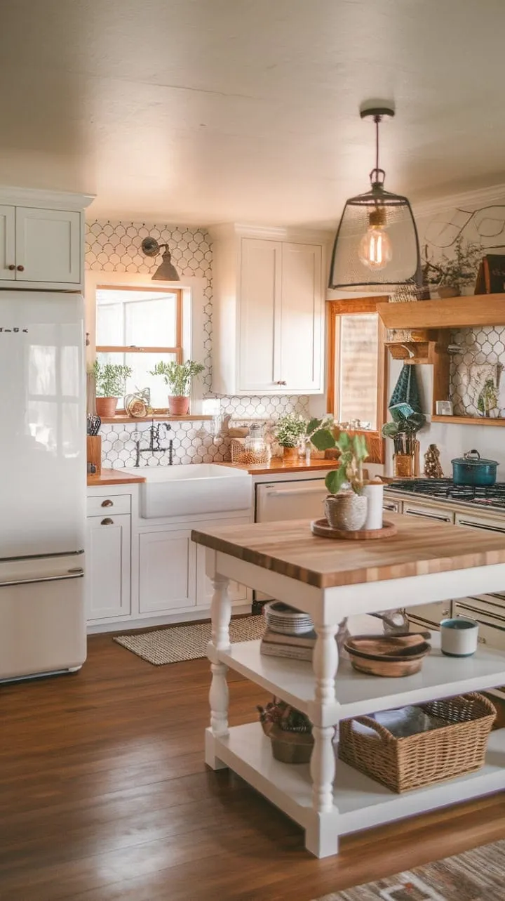This inviting farmhouse kitchen harmoniously combines vintage charm with modern convenience, creating a warm and memorable space for culinary creativity.