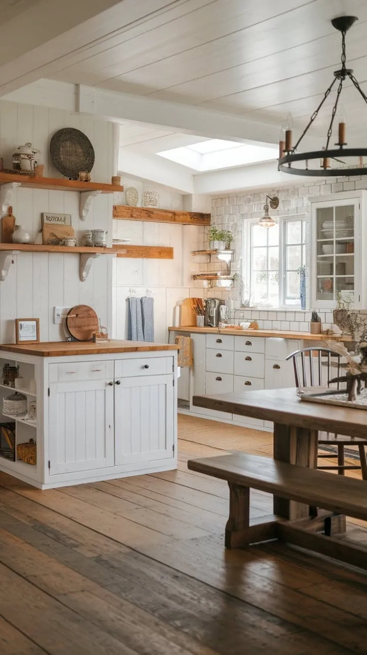 This farmhouse kitchen blends rustic charm and modern elegance, showcasing a harmonious design of wooden elements and sleek white cabinetry.