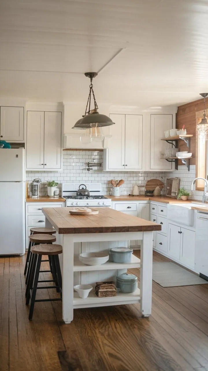 This kitchen beautifully blends white cabinets, wood accents, and vintage charm, proving that affordable elegance can create a stunning and functional gathering space.