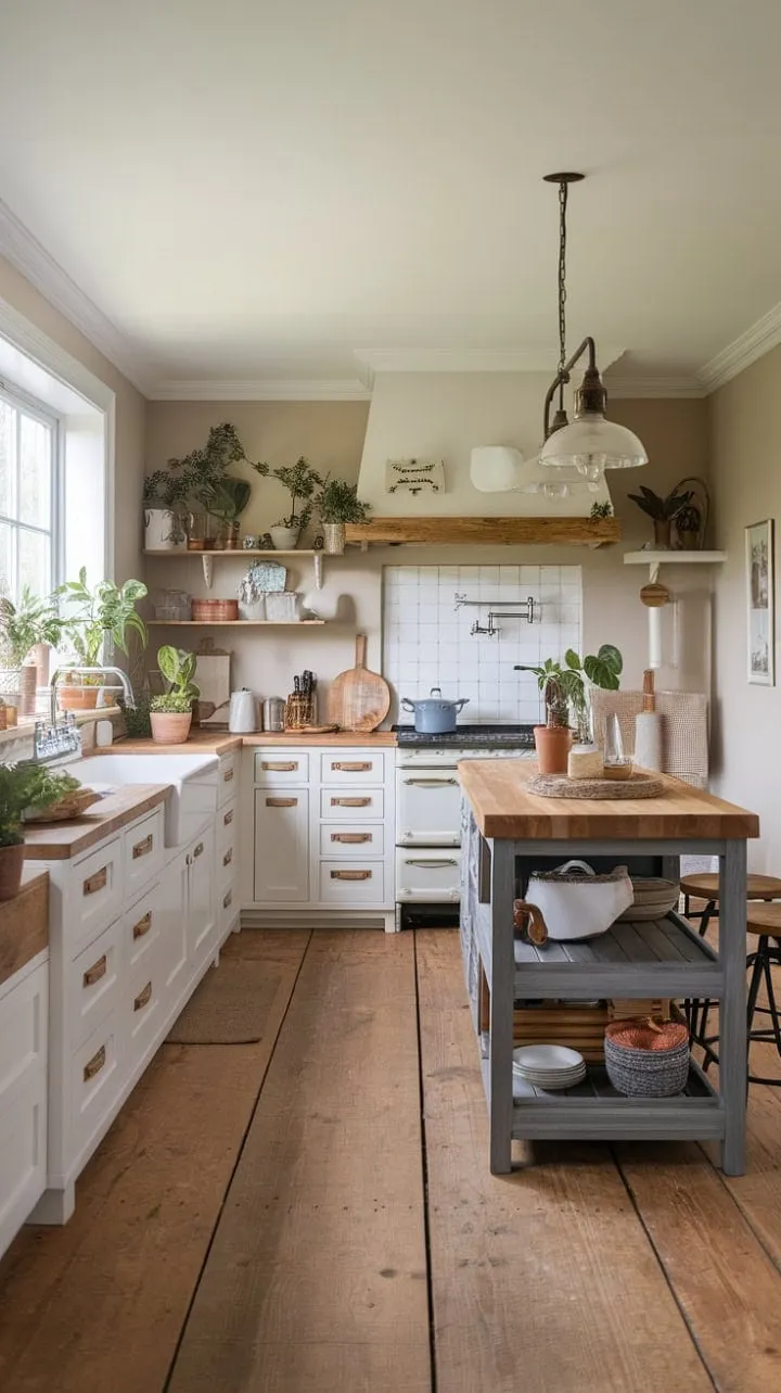 This farmhouse kitchen masterfully combines warmth and rustic charm with modern design, featuring white cabinetry, wood accents, and vintage lighting for an inviting yet stylish atmosphere.