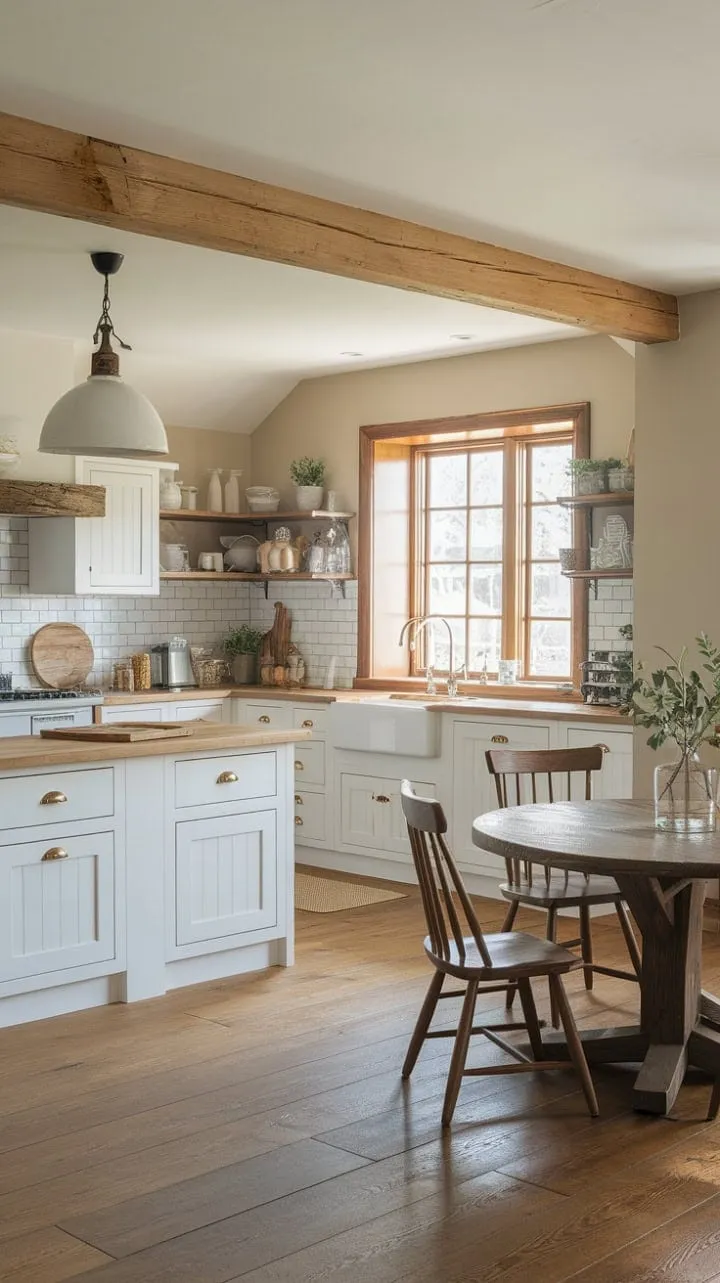 Bathed in sunlight, this modern farmhouse kitchen harmoniously fuses rustic charm with contemporary style, featuring white cabinets, warm wood accents, and a cozy dining area.
