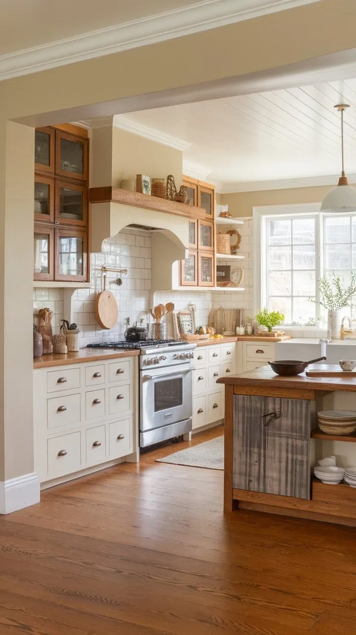 Sunlight bathes a stylish modern farmhouse kitchen, where white cabinets and rustic accents blend to create an inviting haven of cozy country charm.