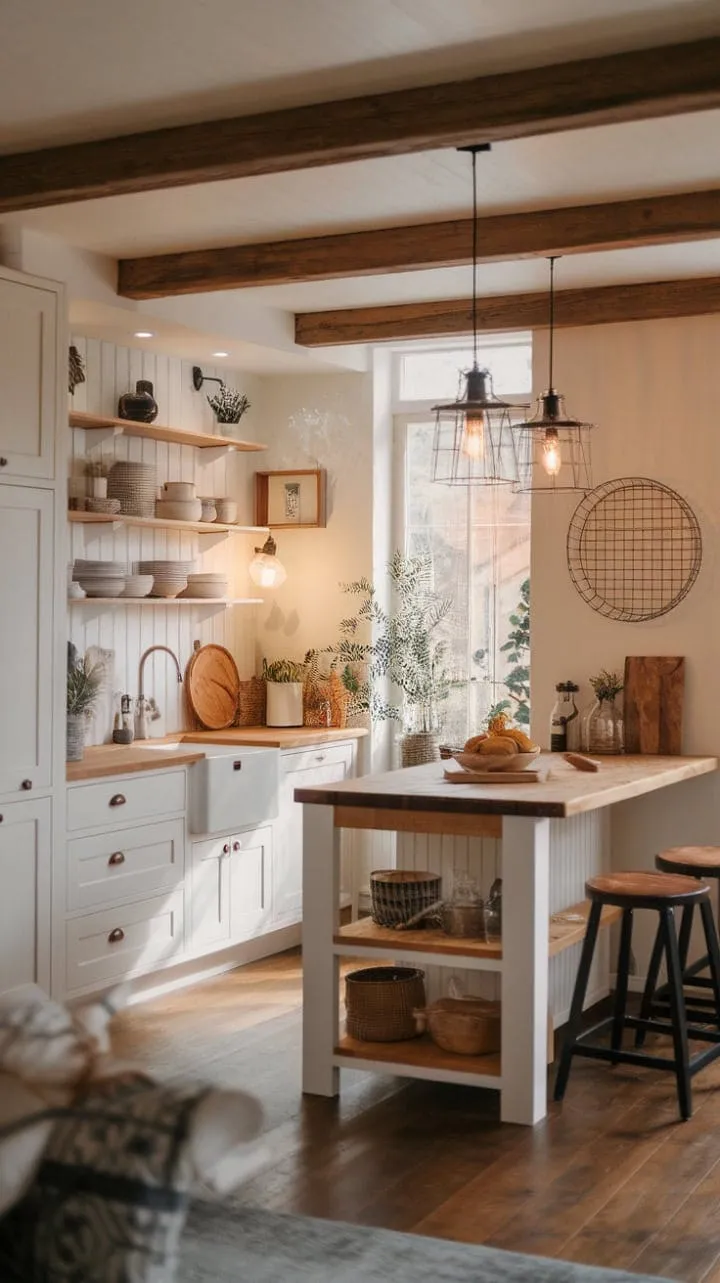 Sunlight dances across the farmhouse kitchen, where rustic charm meets modern elegance, creating a serene and inviting atmosphere.