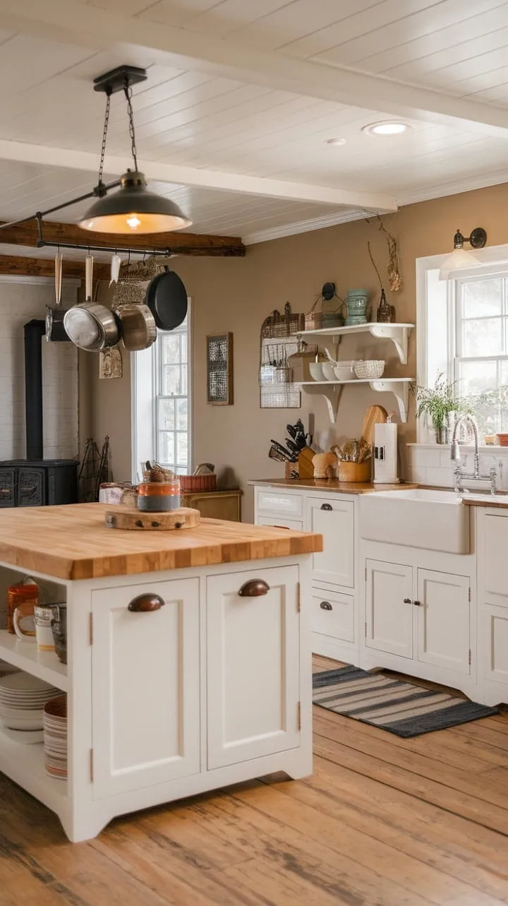 In this inviting farmhouse kitchen, the aroma of fresh bread and the warmth of a crackling fire blend seamlessly with stylish white cabinets and rustic wood accents, making it the perfect heart of the home for gathering and creating memories.