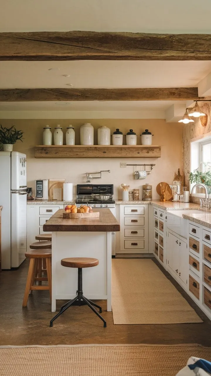 This farmhouse kitchen harmoniously fuses rustic charm with modern elegance, creating a cozy heart of the home where memories flourish.
