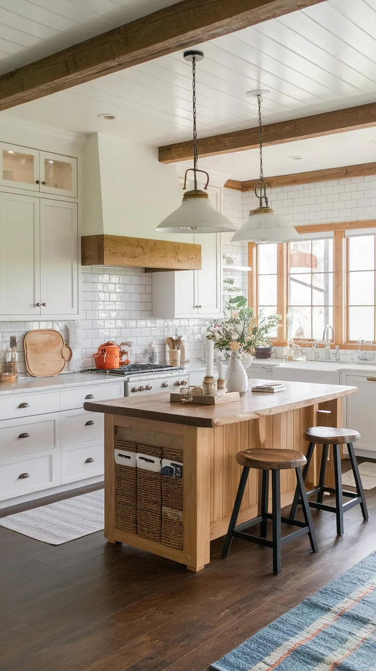 This natural and modern farmhouse kitchen proves that country charm and contemporary style can coexist beautifully. A testament to thoughtful design, the white cabinets and wood details create a warm and welcoming atmosphere, all while remaining surprisingly affordable. A dream kitchen within reach.