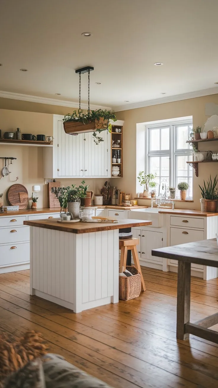 Sunlight streams into this charming farmhouse kitchen, illuminating the beautiful contrast between the crisp white cabinets and the warm wood accents. The large island, a focal point of the room, offers ample space for both culinary creations and casual gatherings. The rustic wooden table near the window provides an additional seating area, creating a space that is both functional and aesthetically pleasing. A perfect blend of rustic charm and modern convenience.