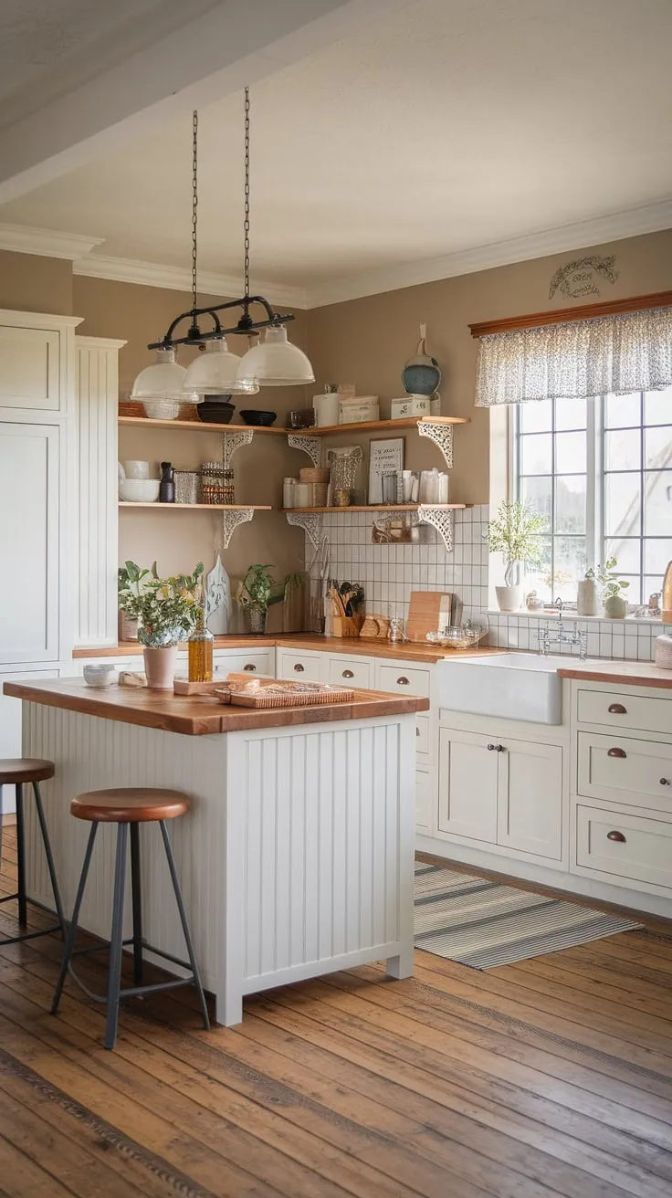 This charming farmhouse kitchen, with its white cabinets and rich wood tones, is the heart of the home. A large window overlooks a tranquil view, while potted plants add a touch of nature to this inviting space. It's the perfect place to enjoy a quiet morning coffee or a lively family dinner.