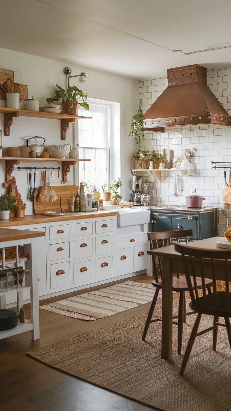 Warmth, style, and functionality converge in this stunning kitchen. The rustic range hood and wooden table offer a comforting contrast to the sleek white cabinets, creating a space that's both aesthetically pleasing and incredibly practical. A perfect blend of old and new, this kitchen is a testament to thoughtful design.