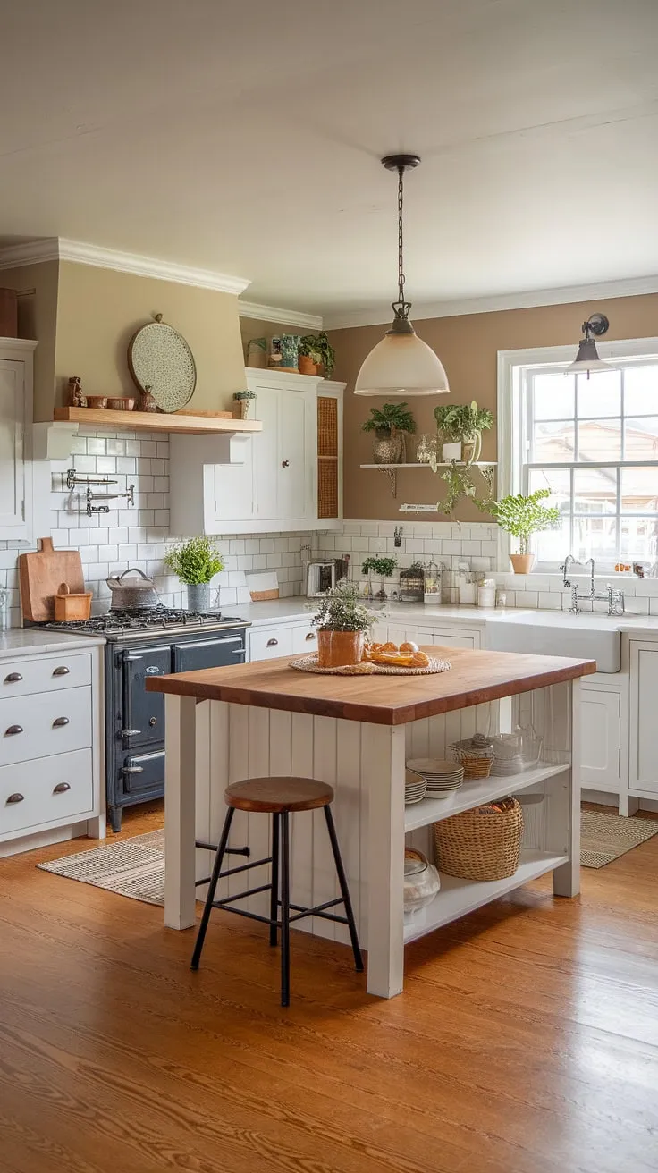 This kitchen effortlessly marries rustic charm with contemporary elegance. The white cabinets and wood accents create a bright and airy atmosphere, while the large island provides ample workspace and a welcoming gathering spot. A true heart of the home, this space is both beautiful and practical.