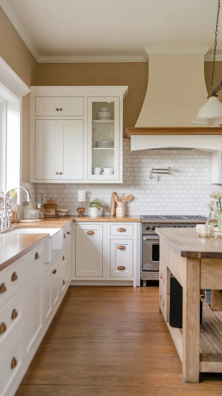 This cozy farmhouse kitchen is a dream come true. The beautiful white cabinetry, rich wood tones, and farmhouse sink create a space that's both stylish and incredibly functional. A place where memories are made, one delicious meal at a time.