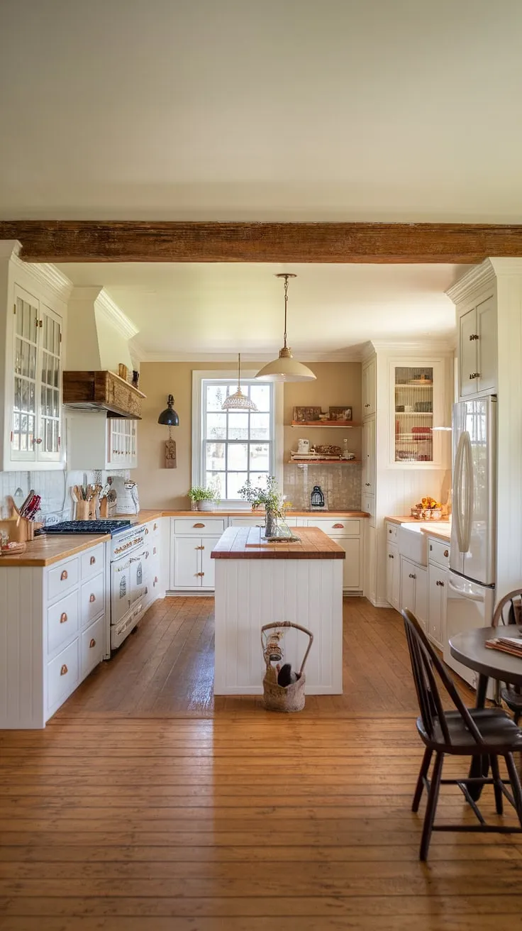 The warmth of the wood beams and the soft glow of the pendant light create a truly inviting atmosphere in this farmhouse kitchen. A sense of home is palpable, a testament to simple elegance and comfortable living. A perfect space for gathering and creating cherished memories.