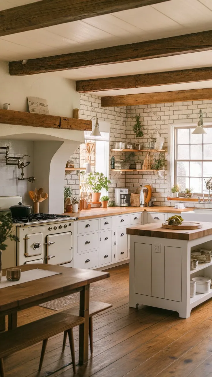 Warmth, comfort, and the scent of home-baked bread fill this rustic farmhouse kitchen. The aged brick, exposed beams, and butcher block countertops tell a story of generations past, while the modern amenities offer all the conveniences of today. A perfect blend of old-world charm and contemporary living.