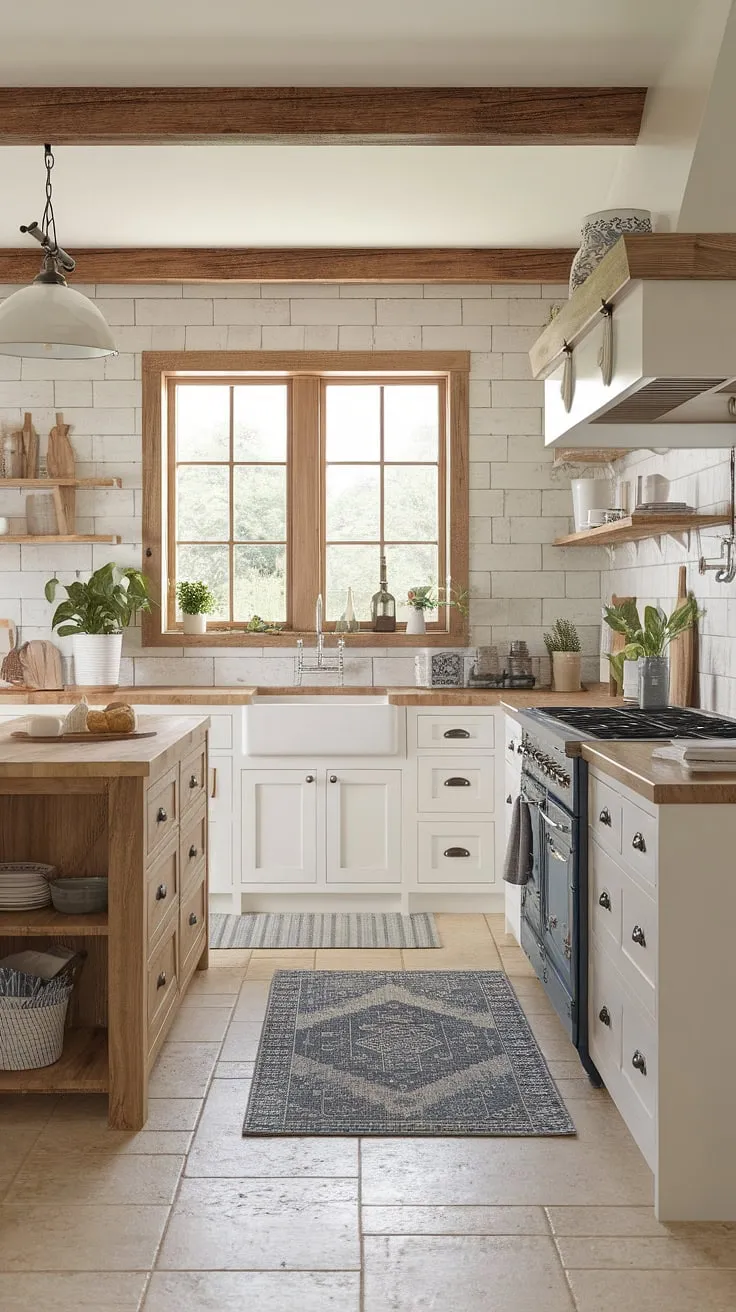 This kitchen is a testament to the beauty of simple living. The natural light, the warm wood tones, and the thoughtfully chosen details-from the farmhouse sink to the patterned rug-all contribute to a space that feels both cozy and sophisticated. It's a place where memories are made, and everyday moments feel extraordinary.