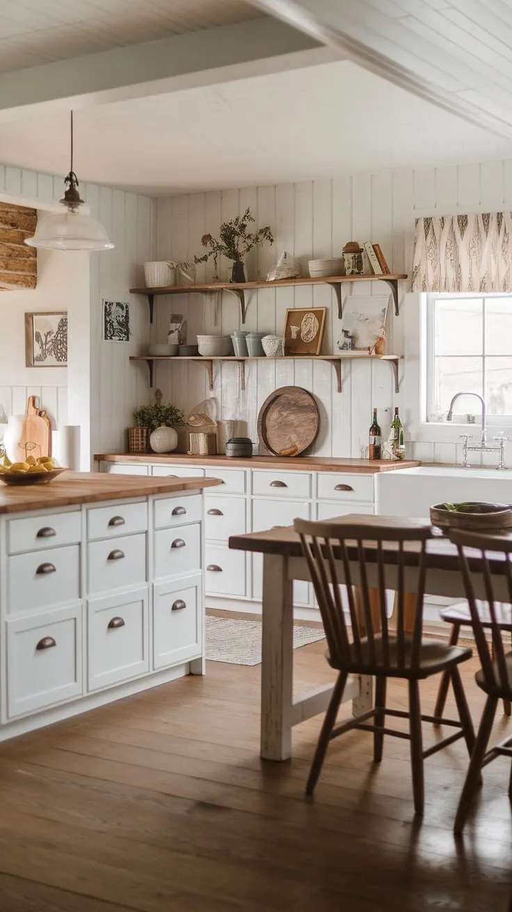 This cozy farmhouse kitchen seamlessly blends rustic elements with contemporary style. The wooden table and shelves add a touch of country charm, while the clean white cabinets and modern island provide a sleek, functional space. A perfect example of how to create a home that feels both lived-in and stylish.