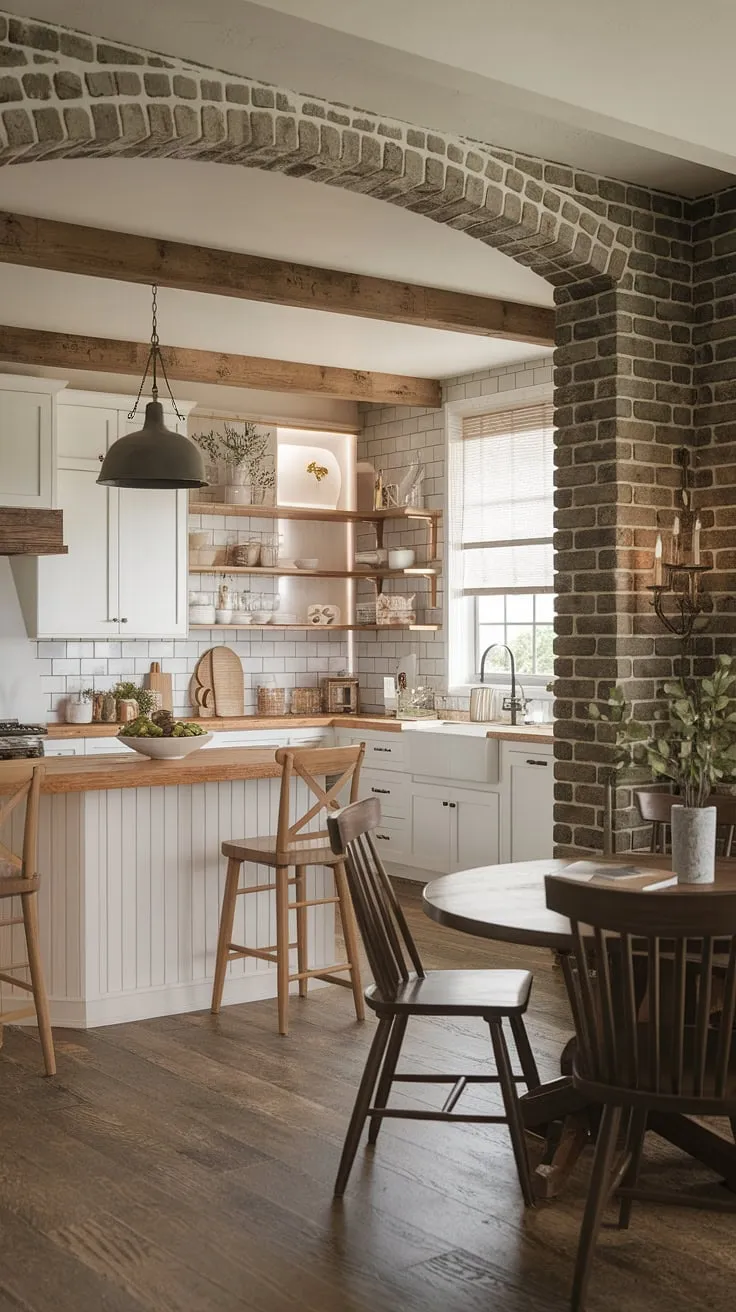 Warmth, comfort, and a touch of rustic charm define this modern farmhouse kitchen. The natural color palette, white cabinetry with wood accents, and exposed brick create a space that feels both inviting and stylish. A perfect blend of old and new.