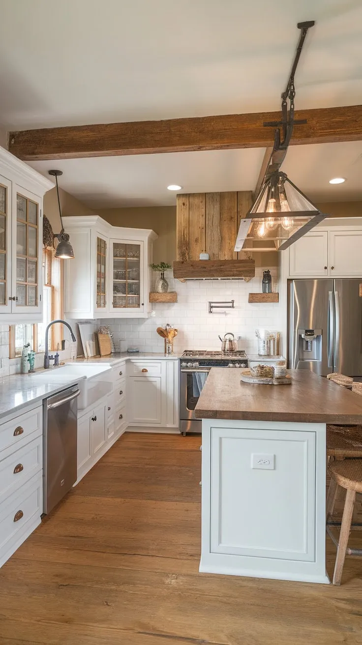This kitchen effortlessly marries rustic charm with sleek modern lines. The exposed beam, farmhouse sink, and large island are balanced beautifully by the crisp white cabinetry and a sophisticated quartz countertops, resulting in a truly stunning space.