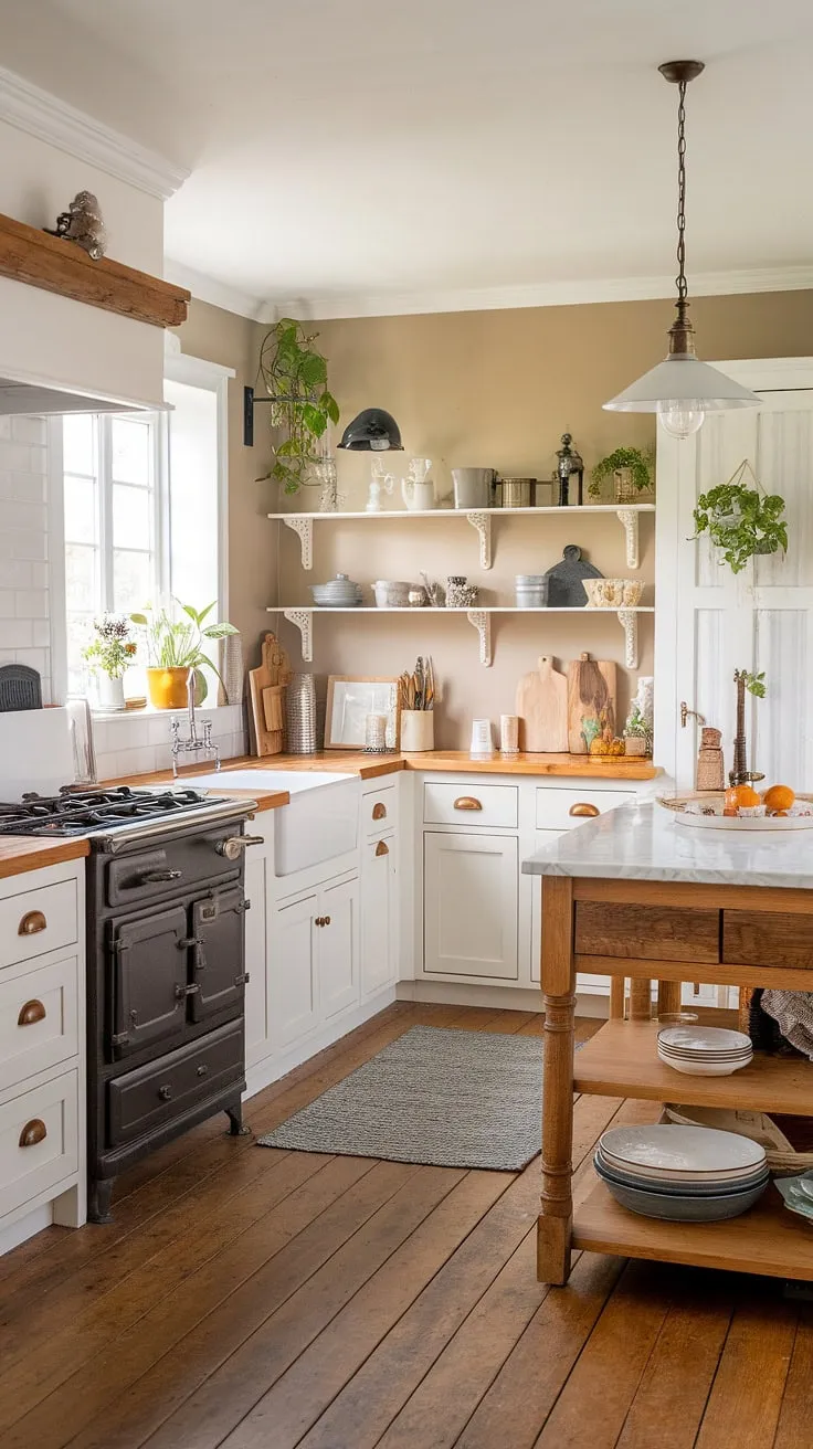 This kitchen is a haven of rustic charm and contemporary style. The aged wood floors and vintage stove create a cozy atmosphere, beautifully complemented by the bright white cabinets and elegant marble island. A space where memories are made and delicious meals are shared, this kitchen is the heart of the home.
