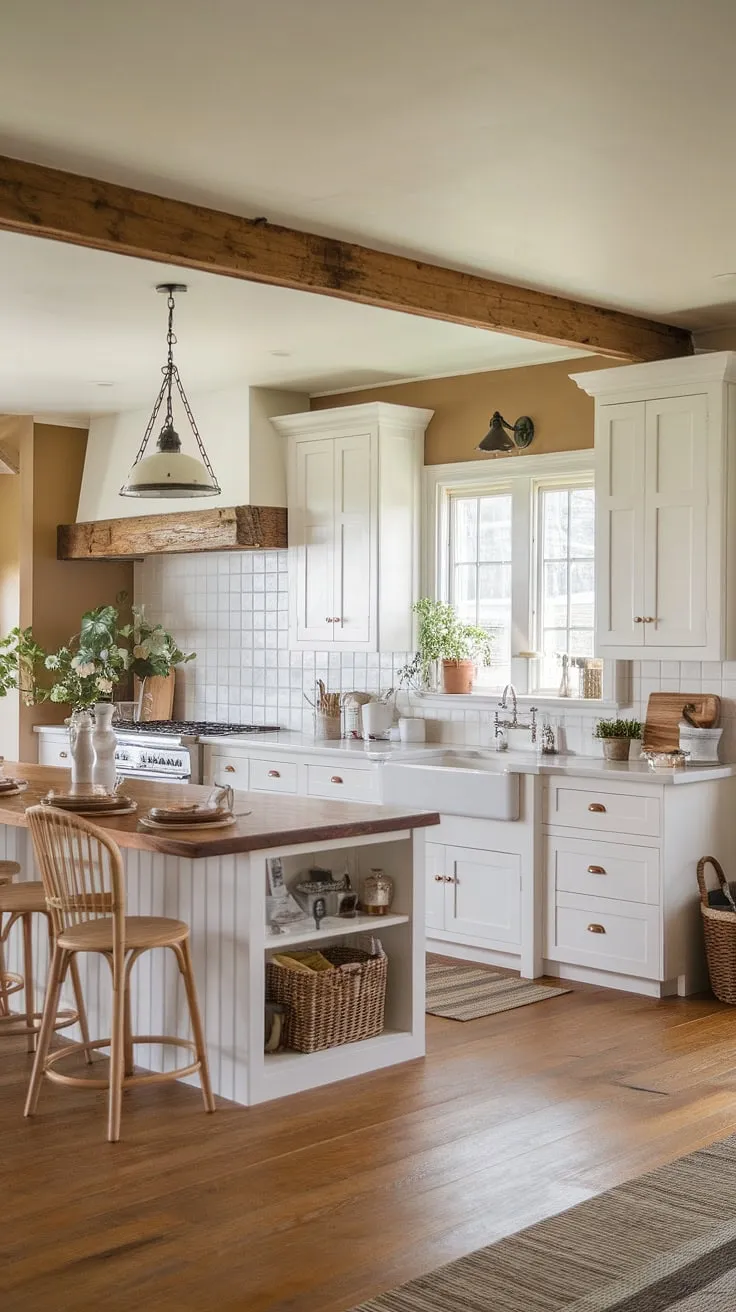 Sunlight dances across the wooden floors of this charming farmhouse kitchen, illuminating the white cabinets and rustic wooden beams. The large island, complete with seating, is the perfect spot for morning coffee or evening chats. It's a space where memories are made, and the heart of the home truly resides.