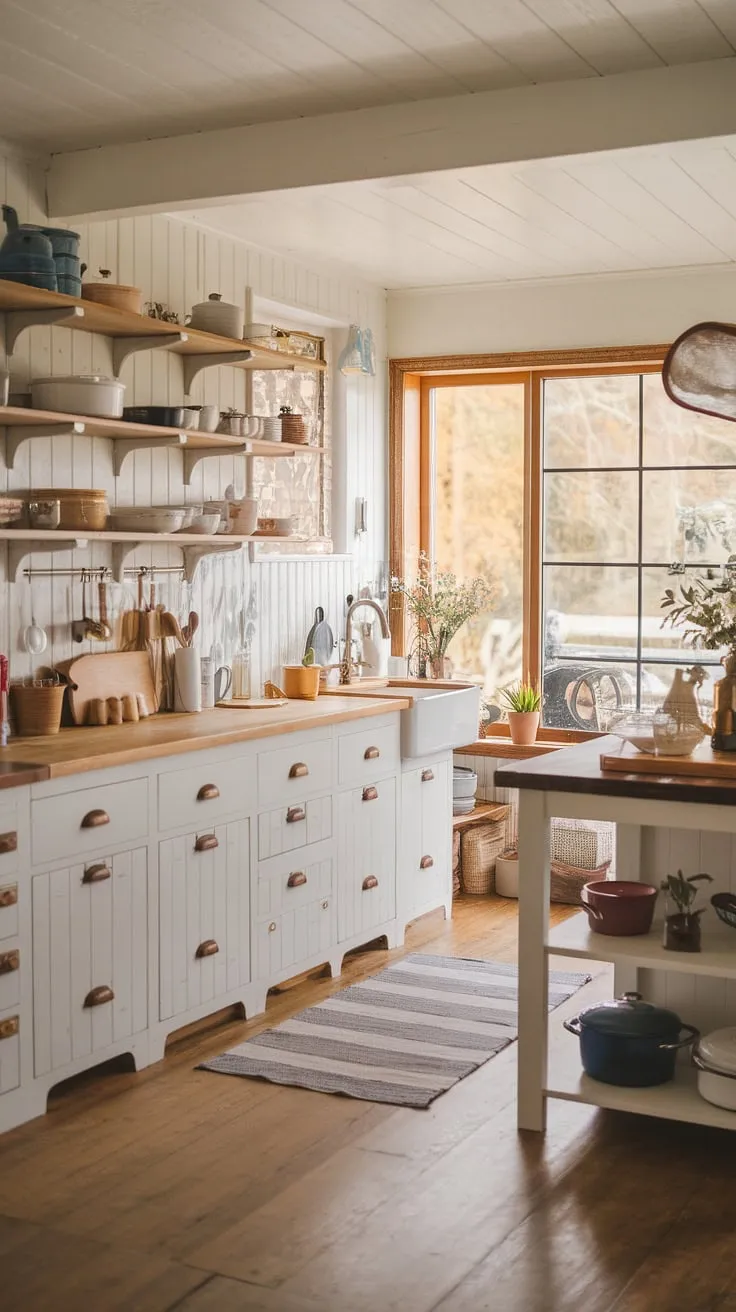 Where rustic charm meets modern convenience. This farmhouse kitchen, bathed in natural light from the expansive window, offers a warm and inviting space perfect for creating culinary memories. The blend of white cabinetry, wood accents, and a functional island creates a design that's both beautiful and effortlessly practical.