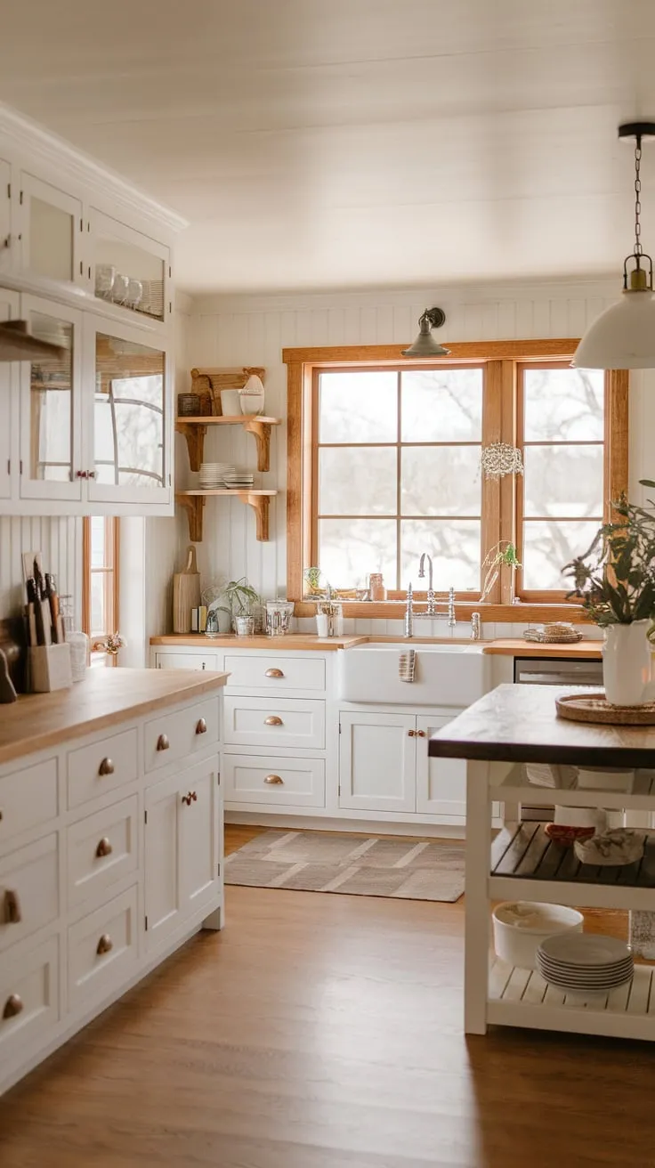 Sunlight streams through the large window, illuminating the warmth of this farmhouse kitchen's modern design. The blend of white cabinetry, wood accents, and a natural color palette creates a space that feels both inviting and effortlessly stylish. A perfect blend of rustic charm and contemporary ease.