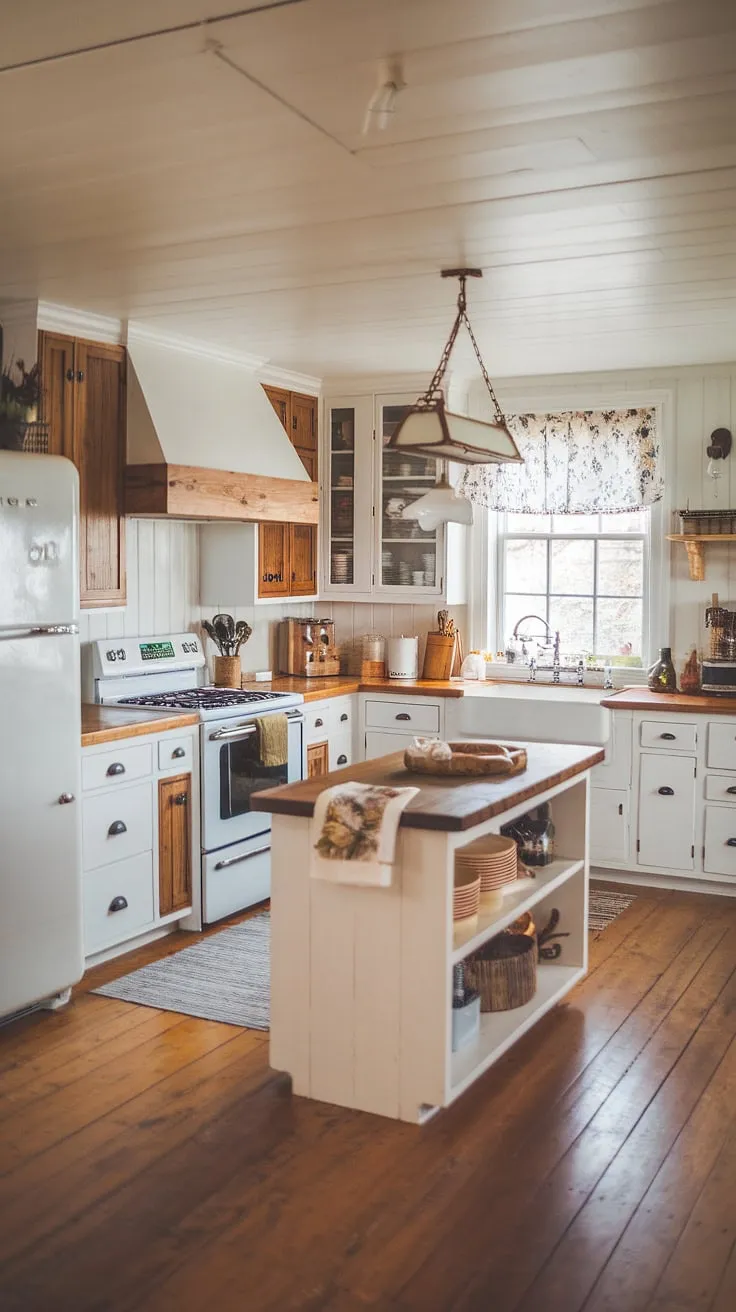 This charming kitchen proves that farmhouse style can be achieved on any budget. White cabinets paired with wood accents and a rustic island create a welcoming atmosphere. The vintage light fixture adds a touch of personality, while the natural light streaming through the window completes the picture of comfortable, affordable living.