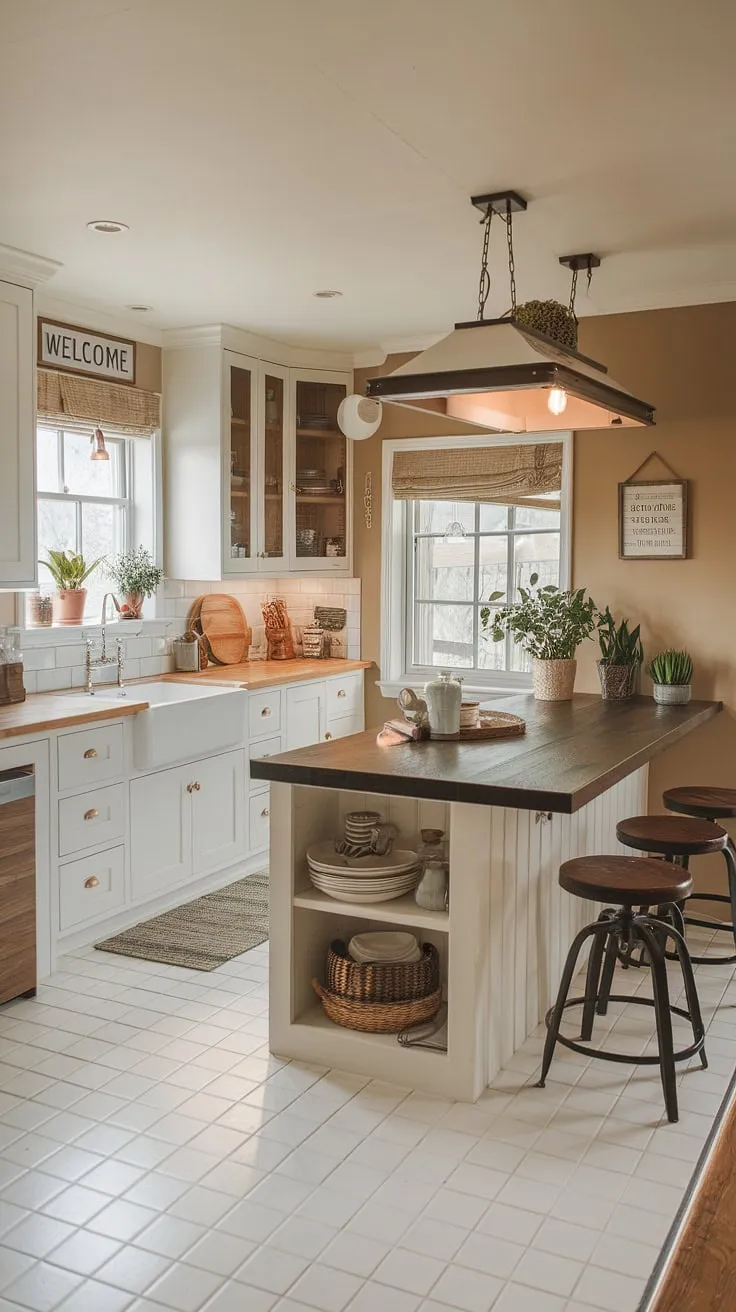 This farmhouse kitchen seamlessly blends rustic charm with modern functionality. The white cabinetry, accented with warm wood tones, creates a bright and airy space, while the large island, complete with dark wood countertop and comfortable seating, provides ample room for both cooking and gathering. A perfect blend of old and new, this kitchen is the heart of the home.