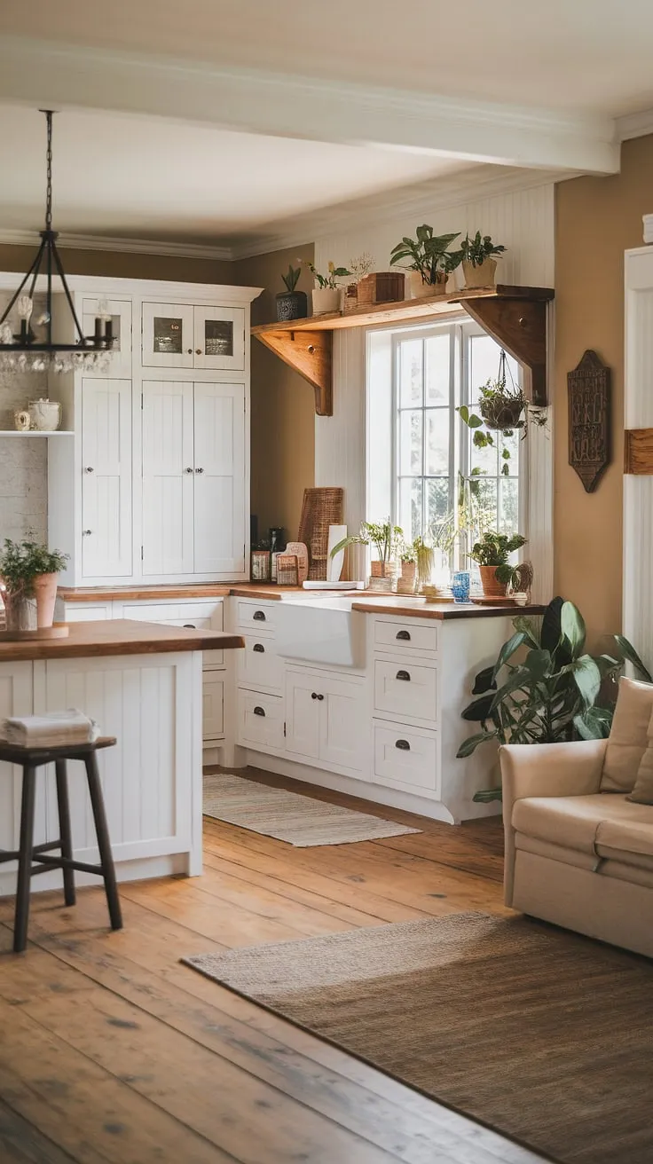 This kitchen seamlessly blends the best of both worlds: the comforting charm of a farmhouse with the clean lines of modern design. The white cabinetry, wood accents, and a thoughtfully curated seating area create a space that's both stylish and incredibly inviting. It's the perfect place to gather and create lasting memories.