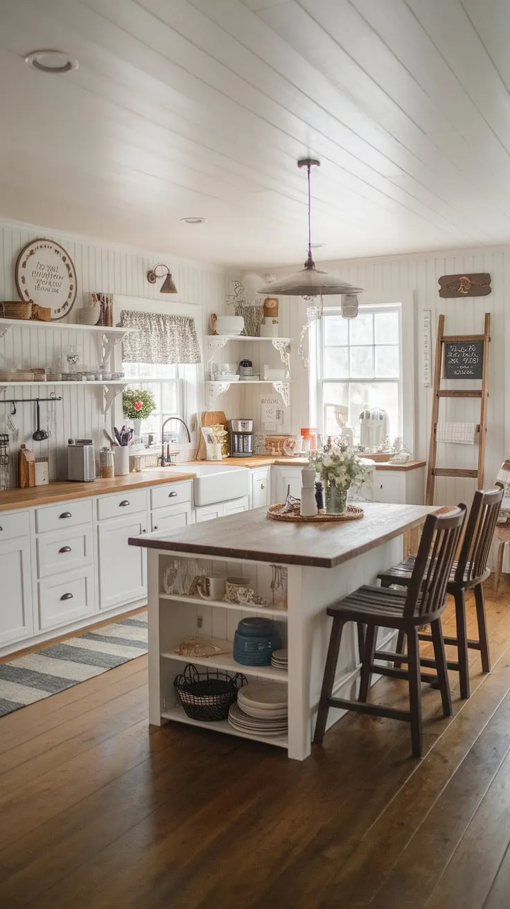 Sunlight streams into this charming farmhouse kitchen, highlighting the warmth of the wood accents and the bright white cabinets. The large island, perfect for casual gatherings, is the heart of this inviting space, a testament to comfortable living and effortless style. A perfect blend of rustic charm and modern functionality.