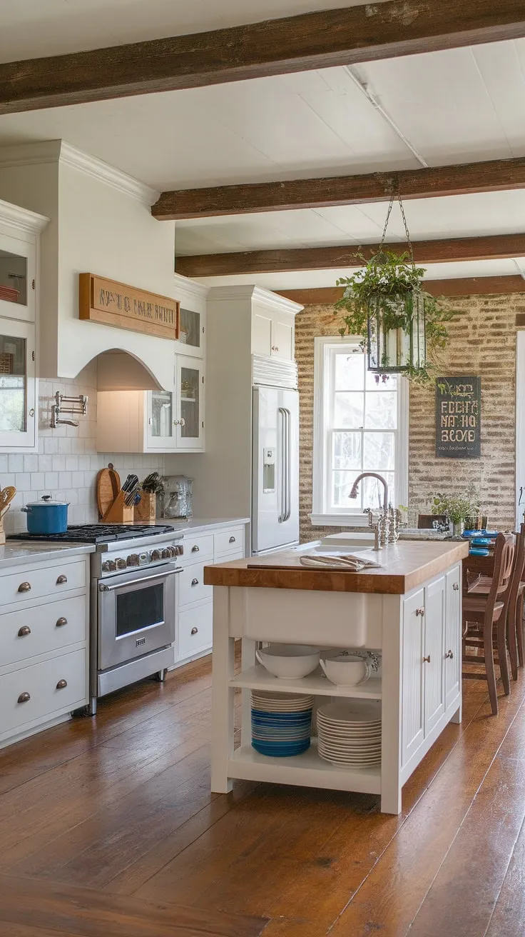 This farmhouse kitchen is the heart of the home, a place where rustic charm meets modern convenience. The exposed beams and brick walls add character, while the white cabinets and butcher block island offer a clean, functional space for creating delicious meals and cherished memories. A perfect blend of old and new, it's a kitchen designed for both style and comfort.
