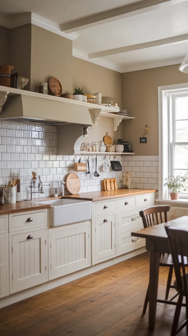 Where modern meets rustic charm. This farmhouse kitchen seamlessly blends sleek white cabinetry with warm wood accents and a cozy country vibe, creating a space that's both stylish and inviting. The grey backsplash and farmhouse sink add a touch of elegance, while the wood floors and dining area complete the picture of comfortable, everyday living.