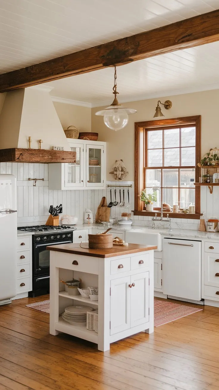 This kitchen seamlessly blends the best of both worlds: the cozy charm of a farmhouse with the sleek elegance of modern design. The a attention to detail, from the vintage light fixture to the wooden accents, is truly captivating. It's a space where memories are made and delicious meals are shared.