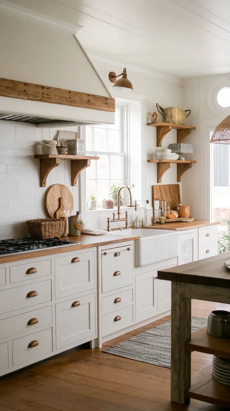 Warmth, practicality, and charm combine in this budget-friendly farmhouse kitchen. The white cabinets and wood accents create a cozy atmosphere, while the farmhouse sink and vintage details add a touch of rustic elegance. A perfect blend of modern and traditional design.